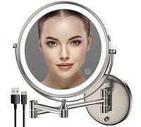 Rocollos Espejo de Baño Recargable con Luz, 1X/10X Aumento Espejo Cosmético Iluminoso de Doble Cara, Control por Interruptor Táctil, Brillo Ajustable, Espejo de Afeitar para Baño (Níquel)