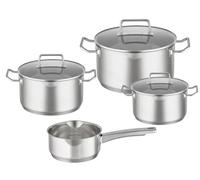 RÖSLE EXPERTISO Batería de Cocina, 4 piezas, 3 ollas y 1 cacerola, acero inoxidable 18/10, con tapa de cristal y escala interna, apta para inducción y lavavajillas, plateado
