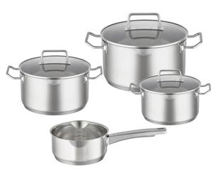 RÖSLE EXPERTISO Batería de Cocina, 4 piezas, 3 ollas y 1 cacerola, acero inoxidable 18/10, con tapa de cristal y escala interna, apta para inducción y lavavajillas, plateado