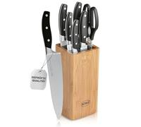 RÖSLE RÖSLECuisine Bloque de Cuchillos con Cepillo, 7 Piezas, de Calidad con Madera de Bambú con 5 Cuchillos Afilados y Tijeras de Cocina, Hojas de Acero Especial, Protector de Dedos