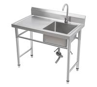 ROGONPDK Fregadero de cocina de acero inoxidable, kit de fregadero, fregadero de acero inoxidable con patas ajustables con grifo, tubos de desagüe, ventón angular, desagüe 100 x 60 x 93 cm, color