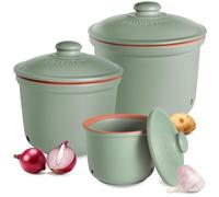Romertopf Fresche-Topf 3er Set - Ajo, cebolla y patatas Caja de almacenamiento de cerámica - La arcilla transpirable mantiene las verduras frescas durante más tiempo - Verde