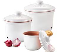 Romertopf Fresche-Topf 3er Set - Ajo, cebolla y patatas Caja de almacenamiento de cerámica - La arcilla transpirable mantiene las verduras frescas durante más tiempo - Blanco
