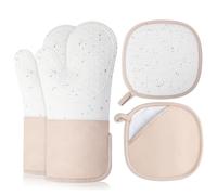 Romon Manoplas Horno Juego de 4 Piezas (2 Guantes Horno + 2 Protectores de Plato), Resistentes al Calor hasta 350°C, Antideslizantes en Silicona Lavables y almacenables para Cocina y Barbacoa Beige
