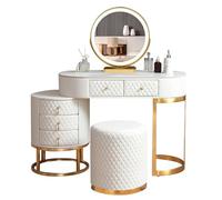 Romyqpipy Set De Tocador con Espejo Led Y Taburete, Mesa De Maquillaje VersáTil con Armario 5 Cajones, Gran Capacidad De Almacenaje, Estructura MetáLica Dorada, Set Completo para Dormitorio