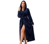 RONGTAI Batas de mujer de felpa de peluche con capucha, camisa de noche gruesa con bolsillos, pijama suave, Azul marino, XXL