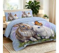 Ropa de cama de 135 x 200 cm, microfibra, juego de 3 piezas para decorar el dormitorio, dibujos animados, animales estampados, conejo, mariposa, hierba, funda nórdica y funda de almohada con