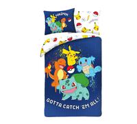 Ropa de cama infantil reversible con certificado Öko-Tex, funda nórdica de 140 x 200 cm y funda de almohada de 70 x 90 cm, Pokemon con Pikachu, Glumanda, Escarabajo espada y Bulbizarr,