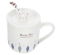 RORPOIR Taza de Cerámica Incluye Tapa y Cuchara con Diseño de Gato y Pez Estilo Japonés Adorable, Baja Absorción de Agua, Brillo Firme para Uso Diario