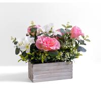Rosas y hortensias artificiales en caja de madera, color rosa, 1 unidad