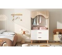 Rosebibi Armario infantil con barra y cajones, armario abierto, tiradores de madera, tablero de partículas, color blanco y madera natural, 80 x 46 x 141,5 cm