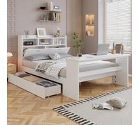 Rosebibi Cama individual infantil de 140 x 200 cm, con espacio de almacenamiento, estante para cabecero, cajón extensible, mesa plegable ajustable, montaje en cajones flexible, color madera blanca