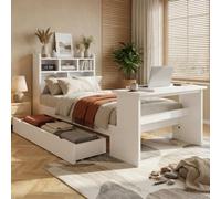 Rosebibi Cama individual infantil de 90 x 200 cm, con espacio de almacenamiento, estante para cabecero, cajón extensible, mesa plegable ajustable, montaje en cajones flexible, color madera blanca