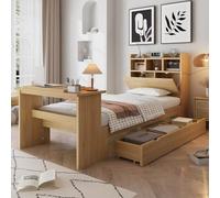 Rosebibi Cama individual infantil de 90 x 200 cm, con espacio de almacenamiento, estante para cabecero, cajón extensible, mesa plegable ajustable, montaje en cajones flexible, color madera natural
