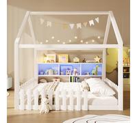 Rosebibi Cama plana para niños con rejilla, 140 x 190 cm, diseño de casa, listón de casa, compartimentos abiertos, madera de pino, blanco, estilo minimalista, sin colchón