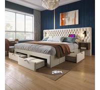 Rosebibi Cama tapizada 160 × 200 cm, dormitorio completo juego con 2 mesitas de noche y 4 cajones, beige, terciopelo, sin colchón