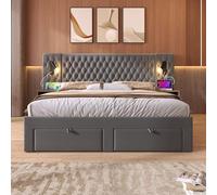 Rosebibi Cama tapizada 180×200 cm, dormitorio completo juego con 2 mesitas de noche y 4 cajones, gris, terciopelo, sin colchón