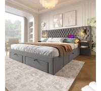 Rosebibi Cama tapizada 180×200 cm, dormitorio completo juego con 2 mesitas de noche y 4 cajones, gris, terciopelo, sin colchón