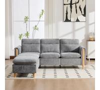 Rosebibi Juego de sofá de 3 plazas, estilo nórdico, en forma de L, tela chenilla, gris claro, con taburete, bolsillos laterales, patas de madera, ideal para sala de estar y espacios pequeños