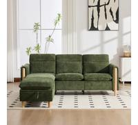 Rosebibi Juego de sofá de 3 plazas estilo nórdico en forma de L, tela de chenilla verde con taburete de almacenamiento, bolsillos laterales, patas de madera ideal para sala de estar y espacios