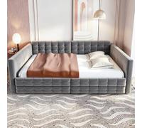 Rosebibi Sofá cama tapizado de 140 x 190 cm, tela de terciopelo, gris, diseño clásico a cuadros, compartimentos de almacenamiento en los lados de la cama, dos cajones debajo de la cama, cama