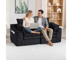 Rosebibi Sofá modular de pana de 2 plazas con cojines y dos bolsillos laterales de diferentes tamaños, espuma de 3 capas, núcleo de resorte, rebote rápido, ideal para salón, oficina y más, color negro