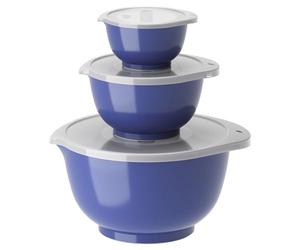 Rosti Margrethe - Juego de 3 cuencos mezcladores de plástico, 3 tapas incluidas, ensaladeras herméticas, 0,25 litros, 0,75 litros y 3 litros, color azul eléctrico