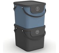 Rotho Albula cubo de basura cocina 2 x 40 L cubos de basura de reciclaje | Cubo basura, papelera cocina, sistema modular apilable con tapa y asas, plástico reciclado para residuos, antracita y azul