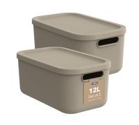 Rotho Albula Light Cajas Almacenaje Plástico 12 L con Tapa Juego de 2 Beige | Organizador Cocina y Organizador Baño, Cajas Organizadoras con Tapa, Asas Abiertas, Plástico 100 % Reciclado, Limpieza Fácil