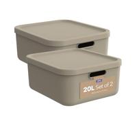 Rotho Albula Light Cajas Almacenaje Plástico con Tapa 2 x 20 L Color Beige | Cajas de almacenaje ropa, cajas organizadoras apilables, asas abiertas, plástico reciclado, fáciles de limpiar para el hogar