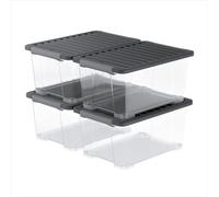 Rotho CORE Plus Cajas de almacenamiento con tapa, cajas de plástico resistentes, asas con cierre, aptas para alimentos, transparente/negro (4 x 44 l)