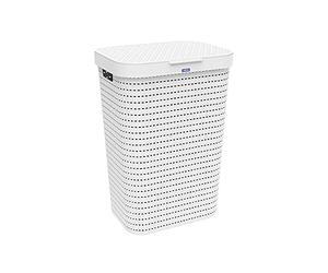 Rotho Country Cesta de lavandería de 55l con tapa en aspecto de ratán, Plástico (PP) sin BPA, blanco, 55l (42.0 x 32.2 x 57.7 cm)