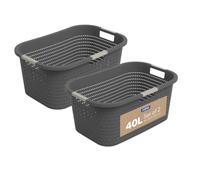 Rotho Country cesto ropa sucia 2 x 40 L cesta ropa sucia de PP antracita | Cesta de ropa sucia ventilada, 3 asas suaves, apilable, aspecto de ratán, para prendas húmedas, plástico resistente