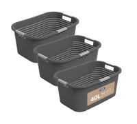 Rotho Country Cesto Ropa Sucia Juego 3 x 40 L con 3 Asas Apilable Antracita | Cesta Ropa Sucia de Plástico, Diseño Tipo Ratán, Ventilación en 4 Lados, 3 Asas Suaves, Apilable una Dentro de Otra