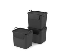 Rotho Jive Cubo Basura 30 Litros - Sistema de Reciclaje con 3 Contenedores Apilables, Papelera con Tapa y Asas, Plastico Reciclado, Antracita, 3 x 30 l