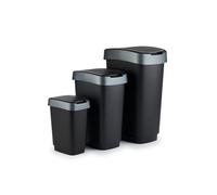 Rotho Twist - Juego de 3 Papeleras Contenedor Basura con Tapa Abatible, sin BPA, Color Negro/Plata, 10 L, 25 L y 50 L