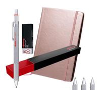 rOtring 600 bolígrafos y portaminas multicolor 3 en 1 + cuaderno A5 | Puntas de bolígrafo negras y rojas y 1 punta de lápiz mecánico (0,5 mm) barril de metal plateado