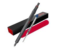 rOtring Bolígrafo 600 y estuche de terciopelo, punta media, tinta negra, bolígrafo de cuerpo totalmente metálico, piedra oscura, agarre estriado antideslizante y barril hexagonal, recargable, juego