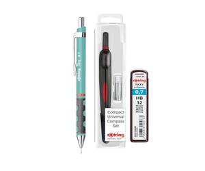 rOtring Geometry & Drafting Set - Compacto Universal Compacto + Portaminas Tikky 0,7 mm + Recambios de mina HB - Kit de precisión alemán para dibujo técnico y uso escolar