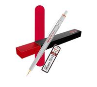 rOtring Portaminas 800 de 0,5 mm, barril de metal plateado, lápiz de dibujo retráctil de alta calidad con bolsa de regalo de terciopelo rojo y minas adicionales, herramienta de dibujo técnico