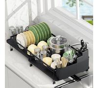 Rottogoon Escurridor de Platos expandible, Multifuncional, Ajustable, con Boquilla giratoria y escurridor antioxidante con Soportes extraíbles para Cubiertos para encimera de Cocina, Color Negro