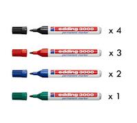 Rotulador Edding 3000, Caja 10 Unidades Surtido (4 Negro, 3 Rojo, 2 Azul, 1 Verde)