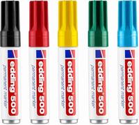 Rotulador permanente edding 500 colores básicos + negro - todos los anchos de trazo para letras pequeñas y grandes, resistente al agua, resistente a la abrasión, recargable, sostenible gracias a la
