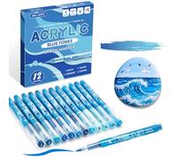 Rotuladores acrílicos, 12 colores, punta de fibra suave de 1 a 5 mm, sistema de tinta gratis, para papel, roca, vidrio, madera, lienzo de cerámica (azul)