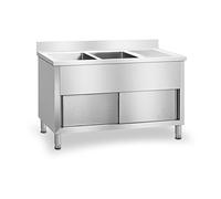 Royal Catering RCHS-1400WS Fregadero Cocina Industrial Dos Senos con Armario (Acero Inoxidable, 80x139,8x94,5 cm, Senos de 40x40x26 cm, Superficie de Almacenamiento)