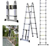 Royalswill Escalera telescópica plegable de 3,8m con estabilizador,1,9m+1,9m,escalera multiusos extensible,escalera plegable,escalera multiusos,escalera extensible,escalera antideslizante,capacidad