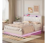 RTYUSWL Cama tapizada de 140 x 200 cm, hidráulica con Espacio de Almacenamiento, cabecero y somier, Estructura de Cama de 140 x 200 cm con iluminación LED y estación de Carga USB, Cama Juvenil para