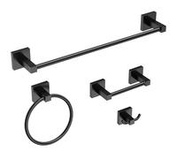 Ruacq Juego de 4 Piezas de Accesorios de baño, Acero Inoxidable Cuadrado Negro Mate y aleación de Zinc, Moderno Montaje en Pared, Barra de Toalla de 18 Pulgadas, Soporte de Papel higiénico, Anillo de