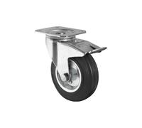 Rueda de goma y metal con placa giratoria y freno con diámetros desde 80 mm hasta 125 mm para pesos de hasta 150 kg COFAN Ø125mmx38mm plate 105x80mm hole 9mm height 155mm brake 128mm 145kg