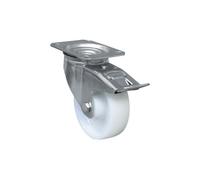 Rueda de nylon con freno y placa giratoria con cojinete liso para pesos de hasta 150 kg varios diámetros COFAN Ø100mmx30mm plate 105x80mm hole 9mm height 125mm brake 128mm 160kg